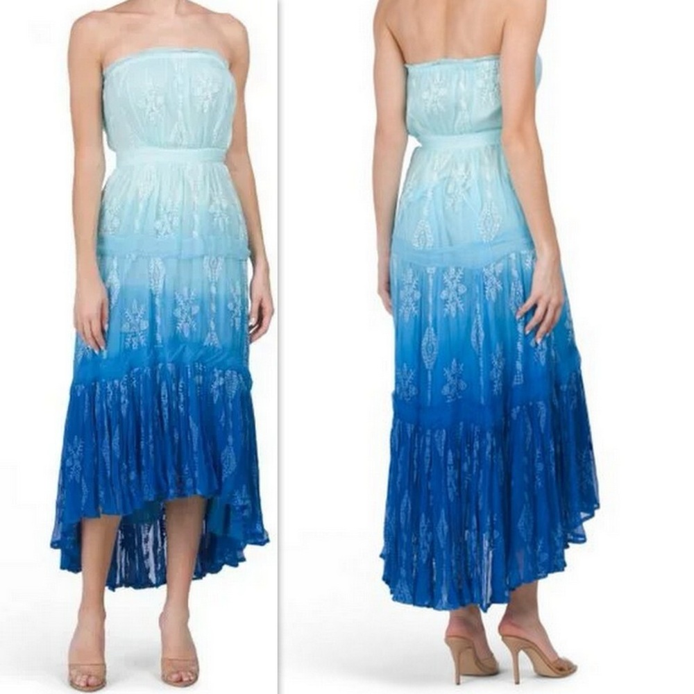 RAMY BROOK Blue Ombre Embroidered Keeley Strapless Midi Dress Size 8